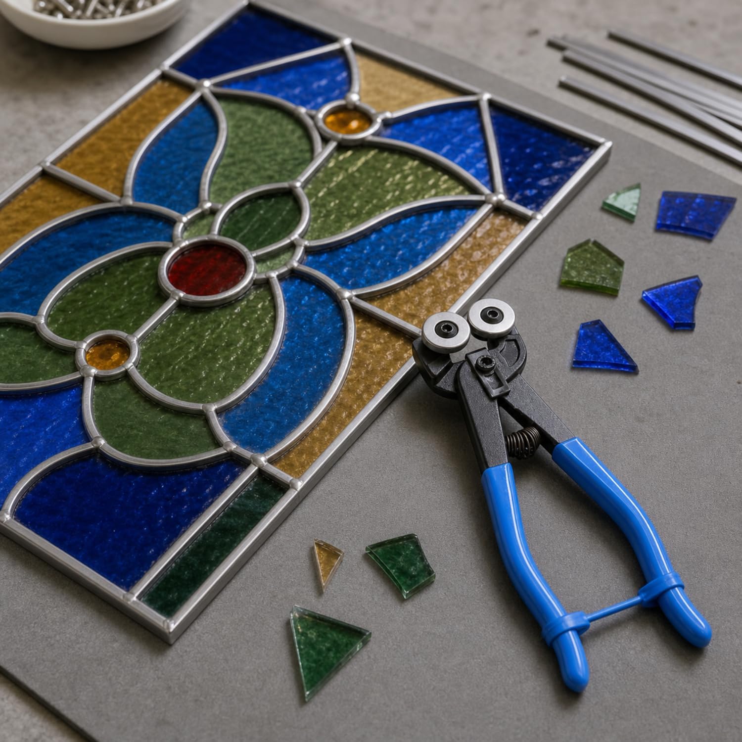 Stained Glass Tool Kit for Beginners, Glass Breaker Grozer Pliers with Plastic Solder Wire Straightener and Foil Burnishing Tool, Stained Glass Making Tools for DIY Crafts