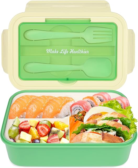 Cooja Bento Lunch Box Adults Kids with 3 Compartments, 1400ML Lunchbox Lunch Containers for Work Leak-Proof Sandwich Box Microwave Safe Built in Cutlery Set Spoon & Fork, Lime Green