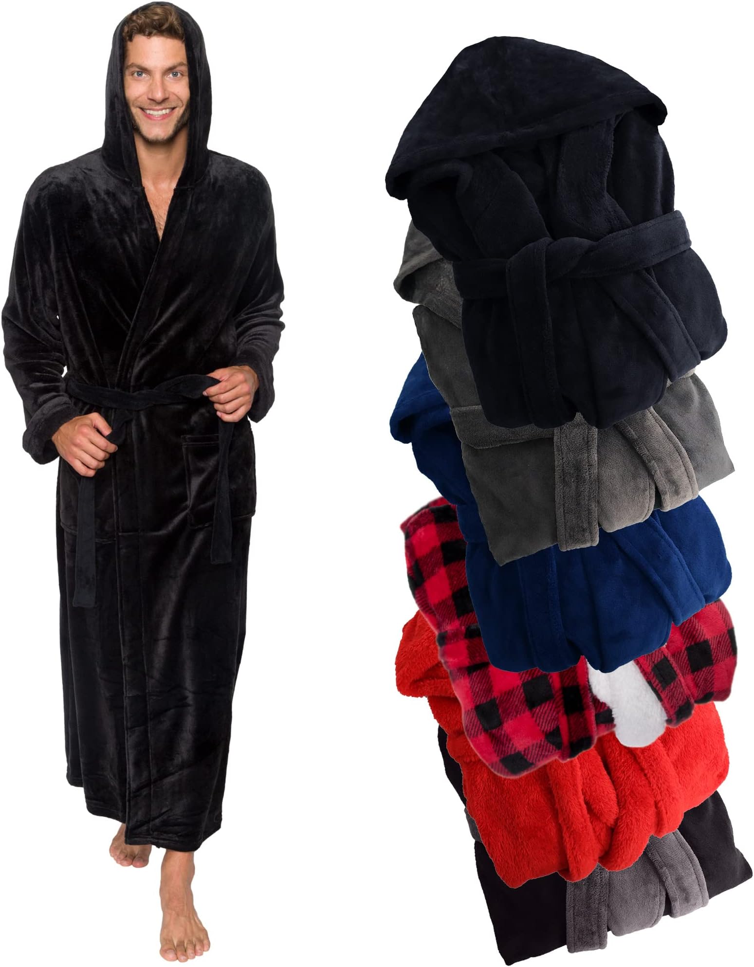 Ross Michaels Mens Robe Big & Tall Hooded Wrap Style - Long Plush Fleece Bathrobe (Black, Large/X-Large)