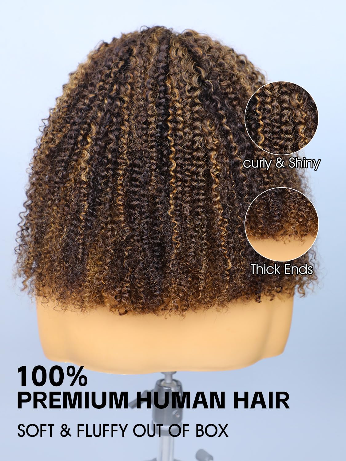 Highlight Brown Ombre Kinky Curly Half Wig Human Hair 2/30 Color 20 Inch 3 in 1 Seamless Flip Over Half Wigs for Black Women Glueless Wear and Go Elastic Drawstring 180% Density Human Hair Wig