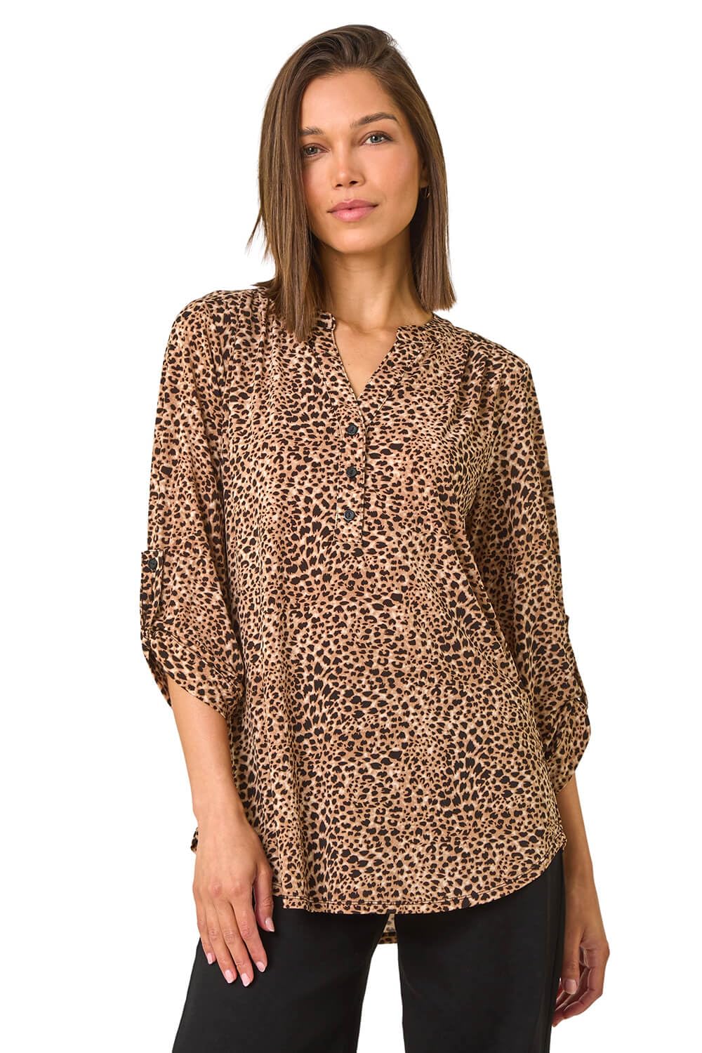 Roman Shirt for Women UK Ladies Top Collarless Blouse Stretchy Tunic Smart Casual Autumn Winter Jersey 3/4 Length Sleeve Notch V Neck Flattering Office Work Beige