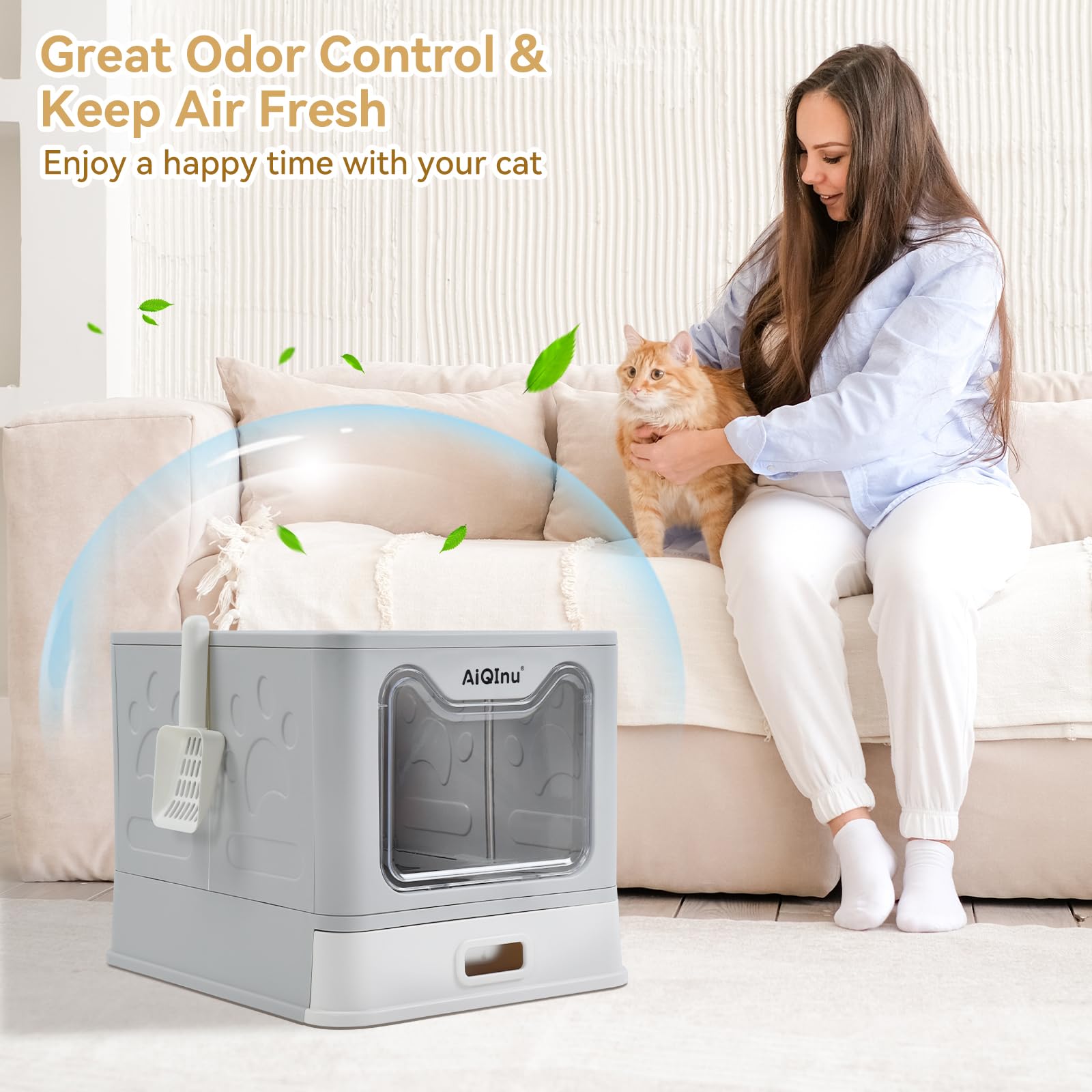 AiQInu Caja de arena plegable de acero inoxidable con tapa para gatos de hasta 20 libras | Caja de arena grande de metal cerrada con lados altos, antifugas y control de olores, fácil de limpiar