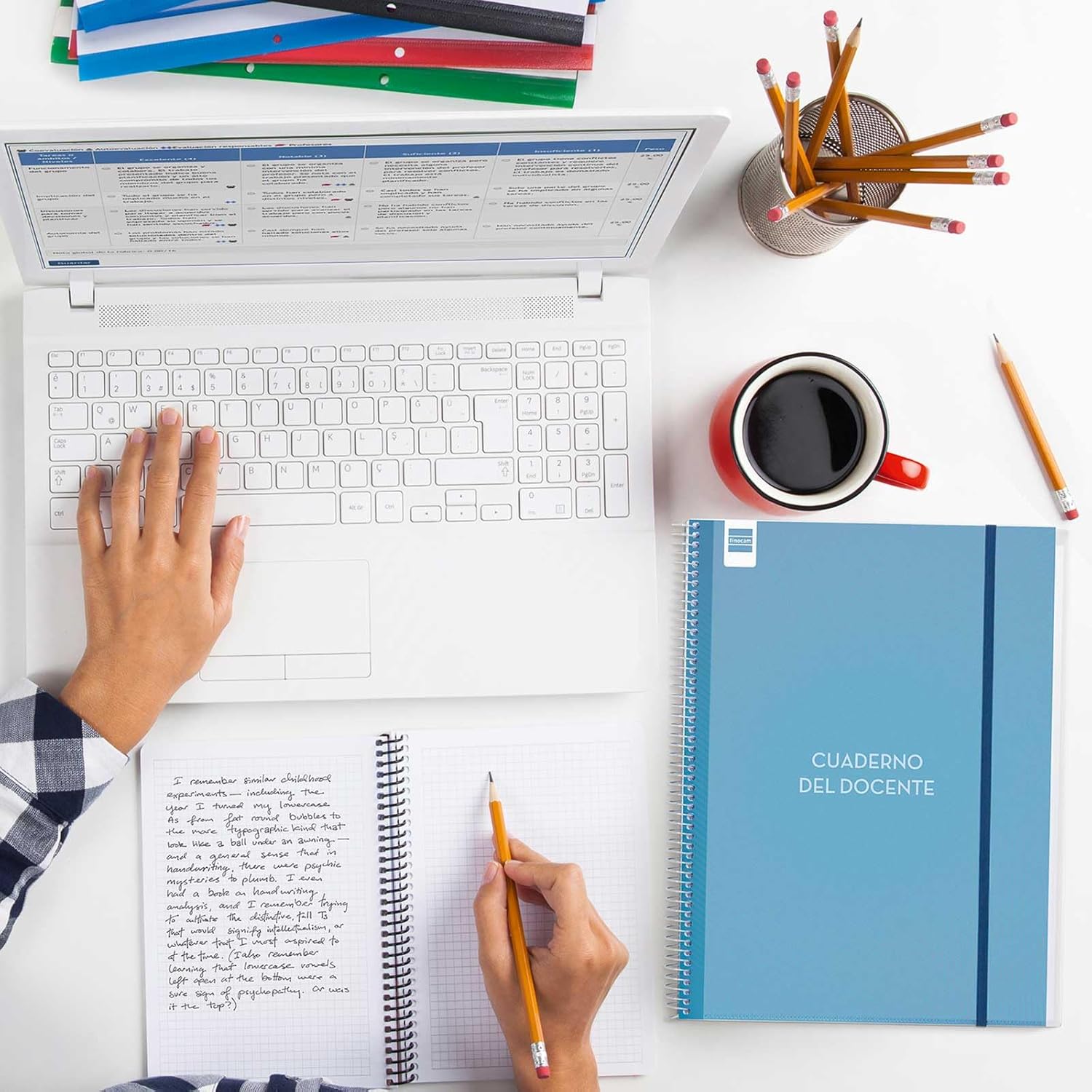 Finocam - Teacher's notebook week page in Spanish with transparent stickers and covers, lists and assessment sheets, and tutoring section. Ideal for school organization.