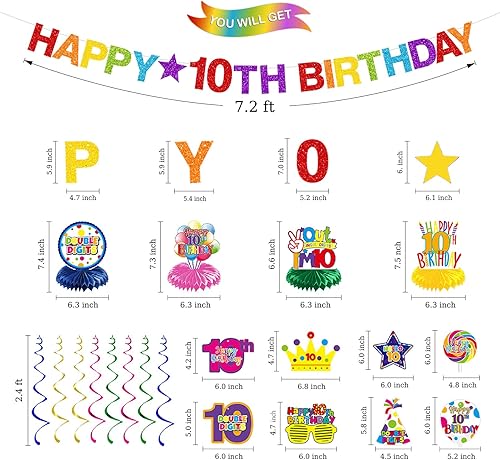 Miniatura 6 de Decoraciones de cumpleaños número 10 para niñas y niños, pancarta de feliz cumpleaños 10 con espirales colgantes, kit de decoración de centros de