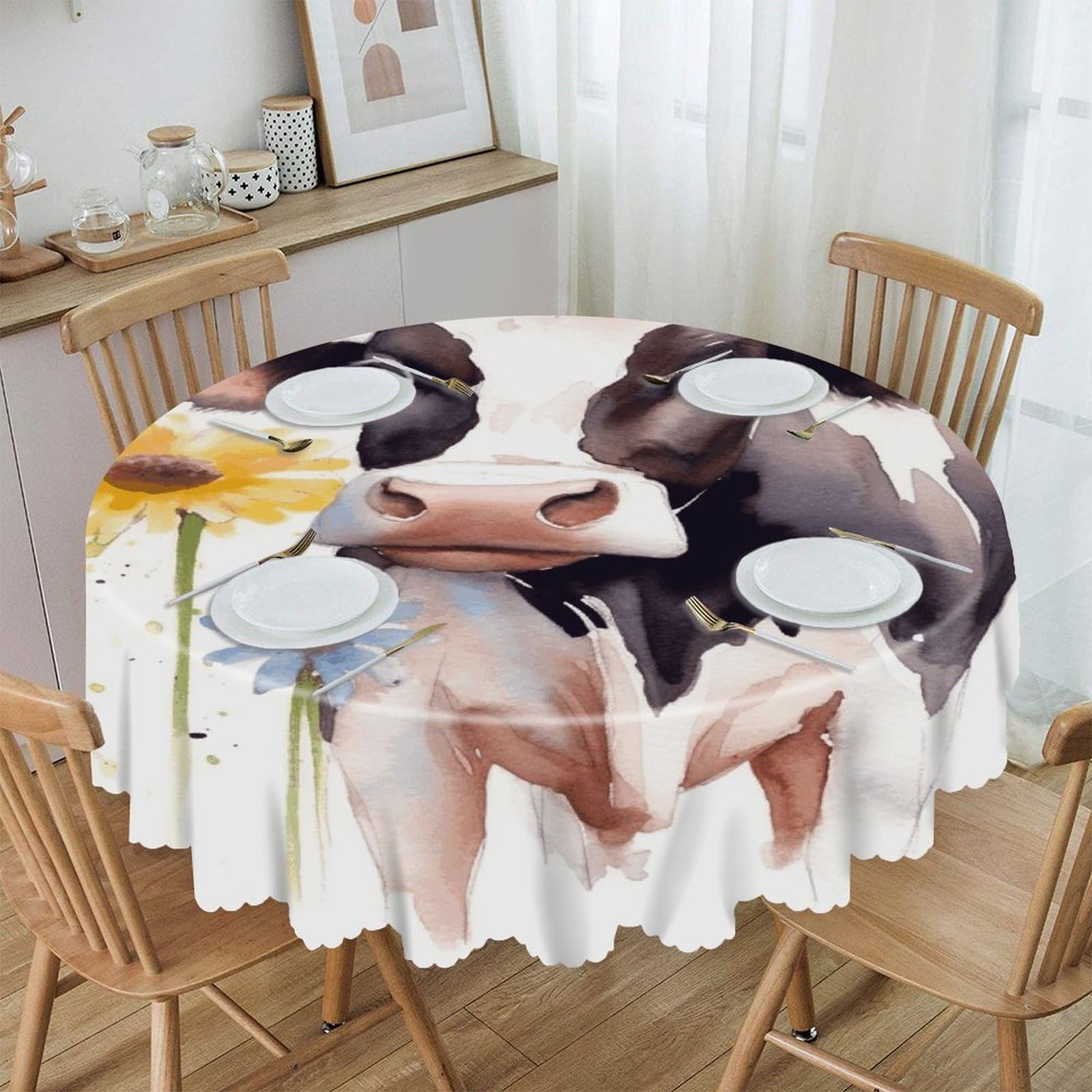 FekiLoot Watercolor Cow and Daisy Flower Round Tablecloths 60 Inch Resistant Washable Polyester Table Cloth Style Decorative Circle Fabric Table Cover for Dining Kitchen Party Farmhouse Outdoor