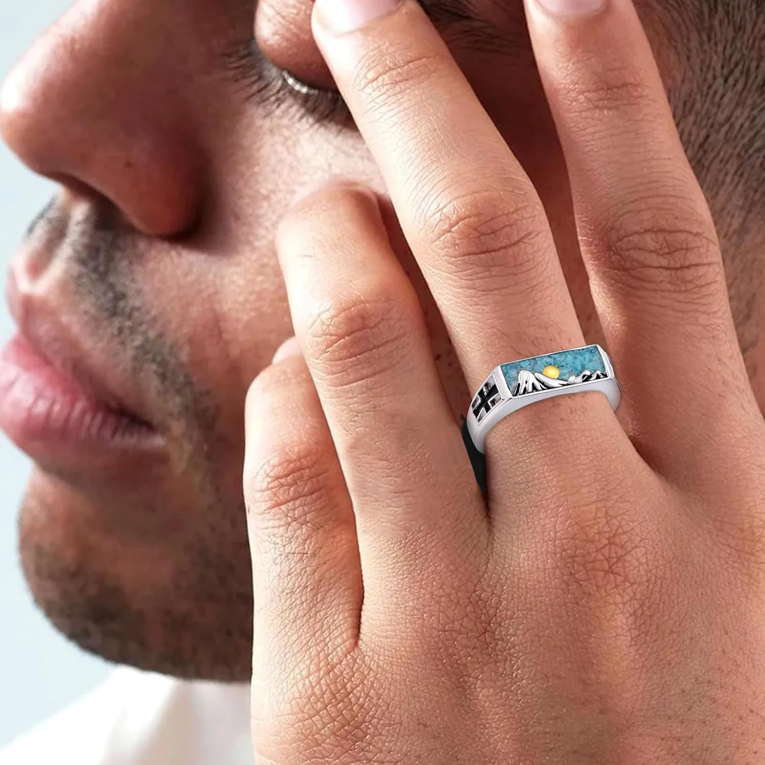 Turquoise Ring for Men 925 Sterling Silver Mountain Turquoise Ring with Cross Size 10 Non-Adjustable Natural Stone Native American Style Jewelry Gift for Him 7mm Width - Image 7