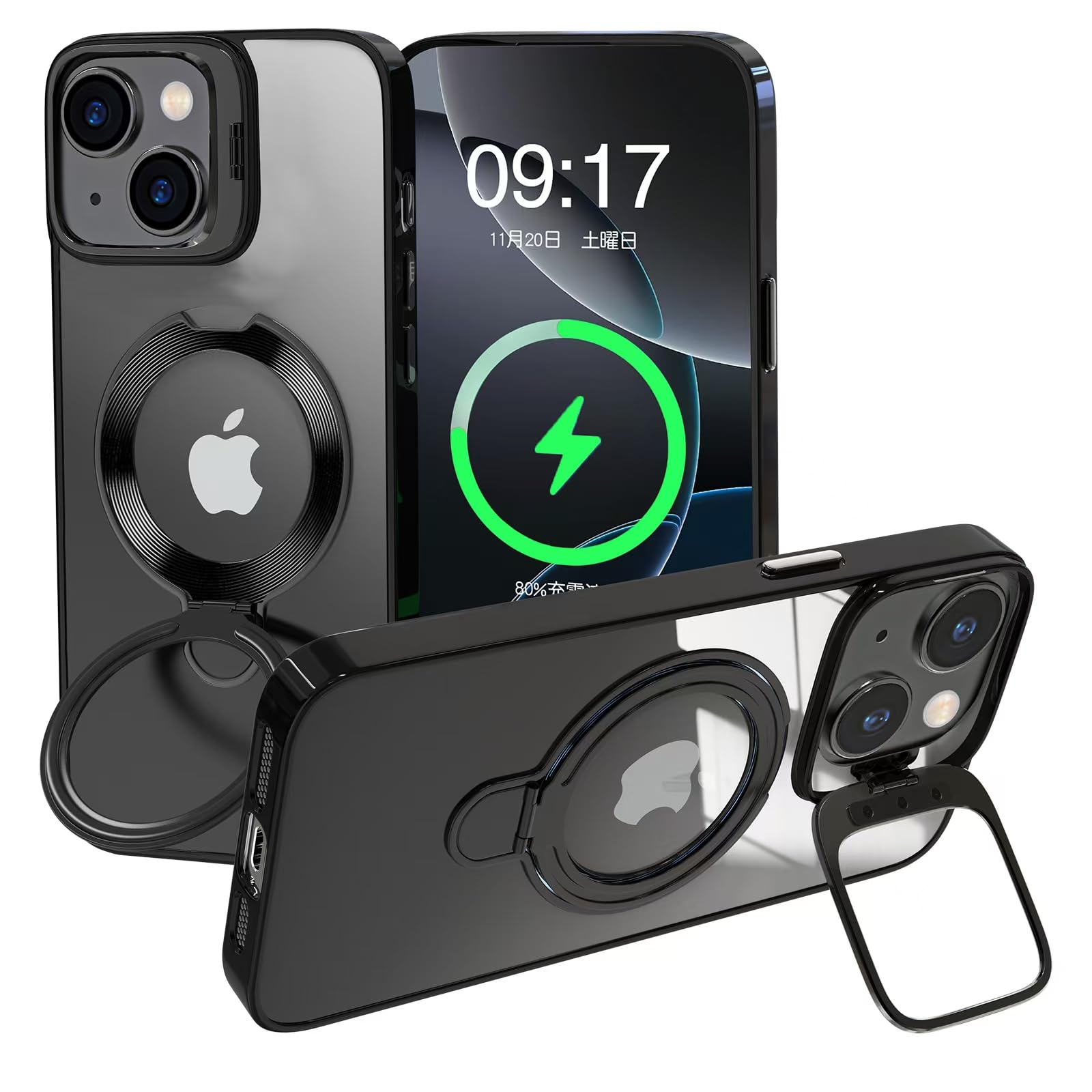 HALTSUTO iPhone 14 用 ケース リング レンズスタンド内蔵 縦横両対応 透明 iPhone本体色 黄ばみ防止 ワイヤレス充電 いphone14 スマホケース 米軍規格 耐衝撃 携帯カバー アイフォン 14 ケース マグネット搭載 車載ホルダー マグセーフ対応 おしゃれ ブラック