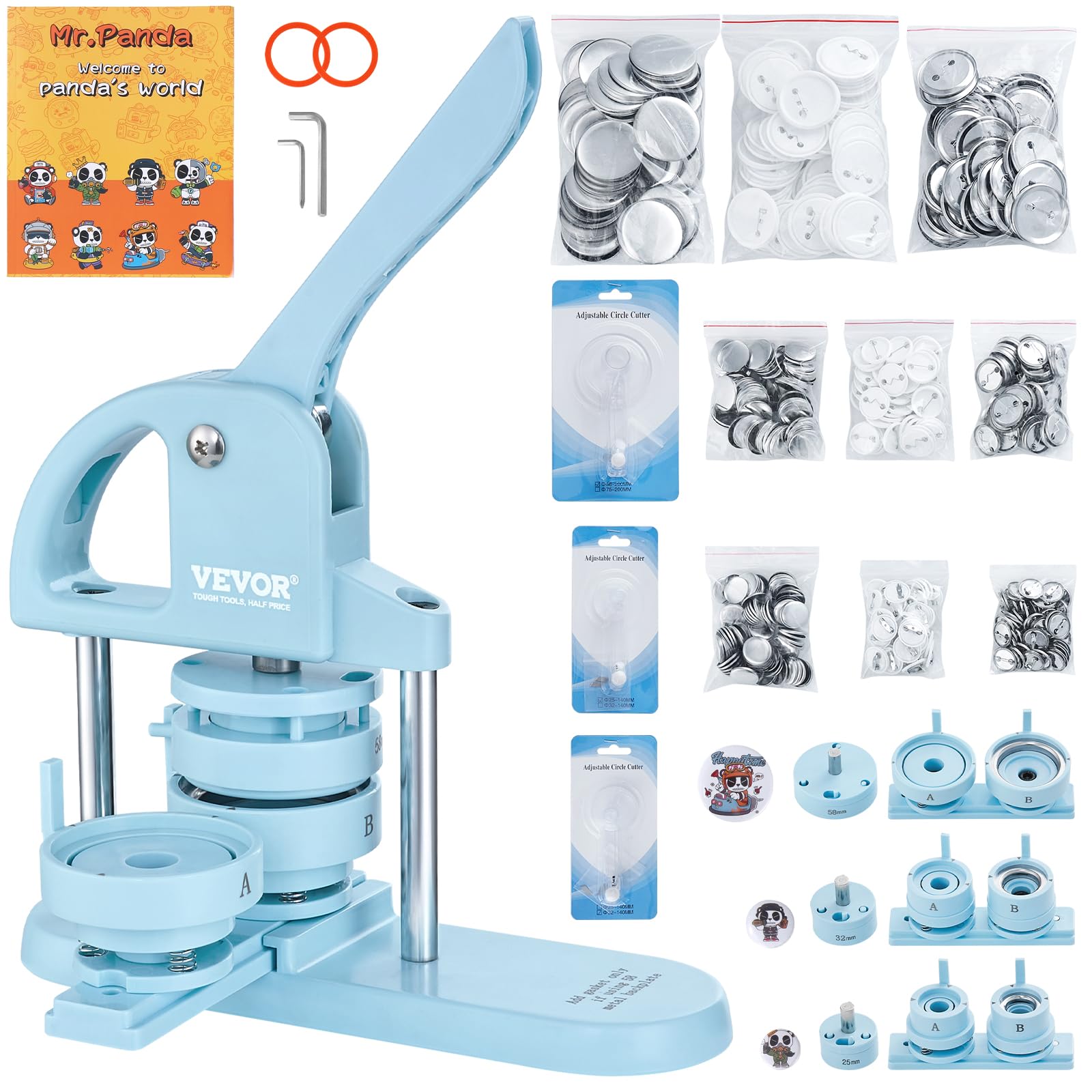 VEVOR Máquina para Hacer Insignias de 25/32/58 mm Prensa para Insignias con 300 Kits de Consumibles y Libro Magic Panda Máquina para Hacer Insignias de Alta Resistencia para Hacer Insignias, Azul