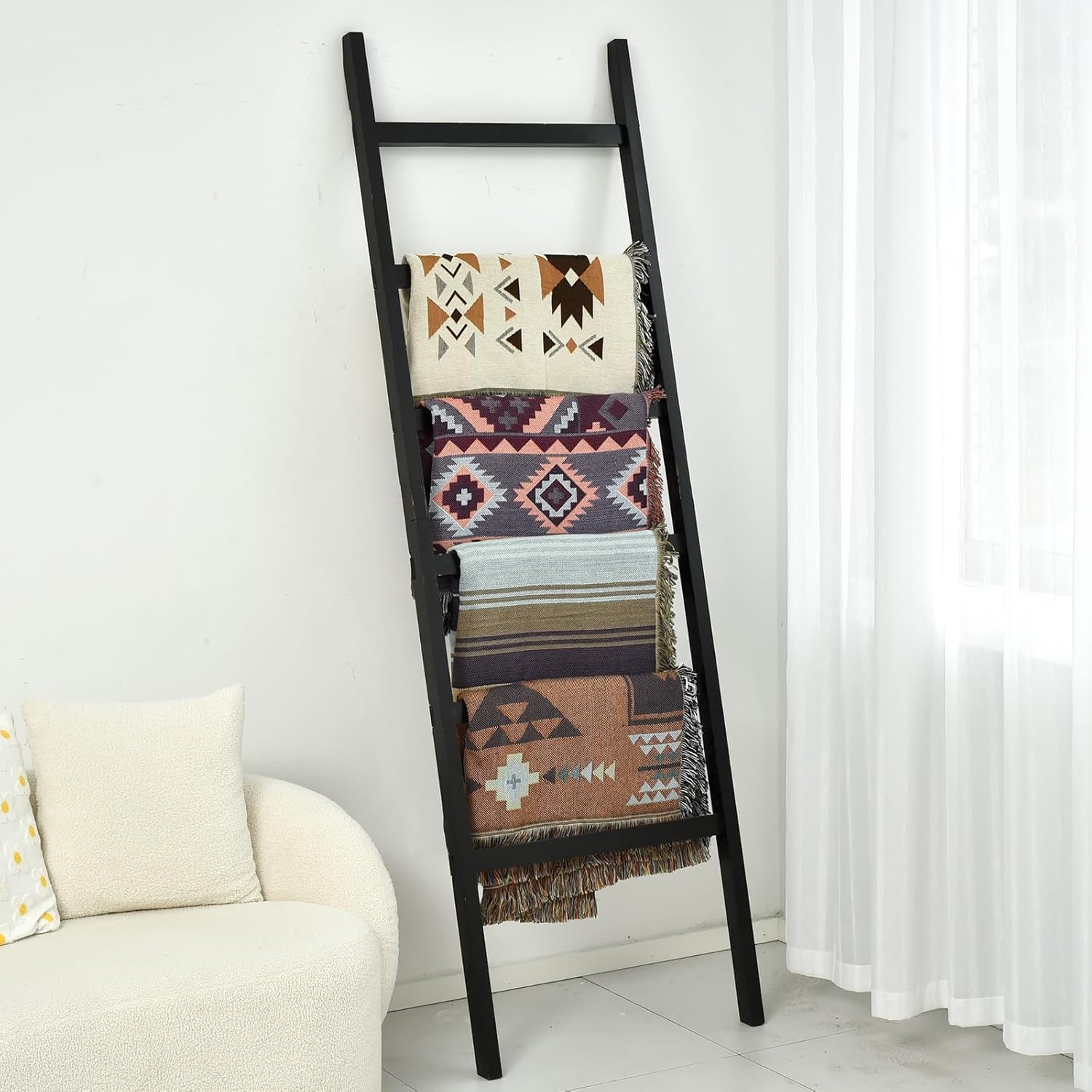 fuin 6.4ft extra wide wooden blanket ladder living room decorative wal leaning farmhouse quilt display holder rustic wood towel rack for bathroom, black, 24 inch wide 6.4ft | 24" wide black