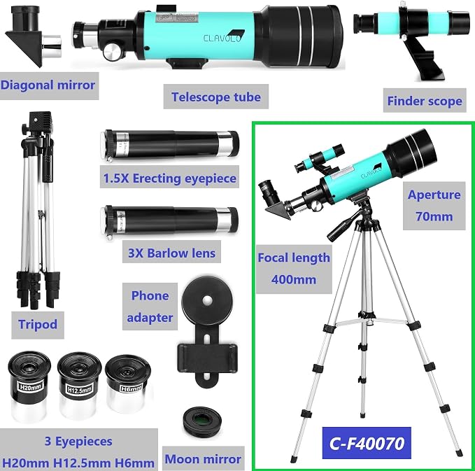 Telescopio refractor 70 mm con trípode ajustable y adaptador para smartphone miniatura 4