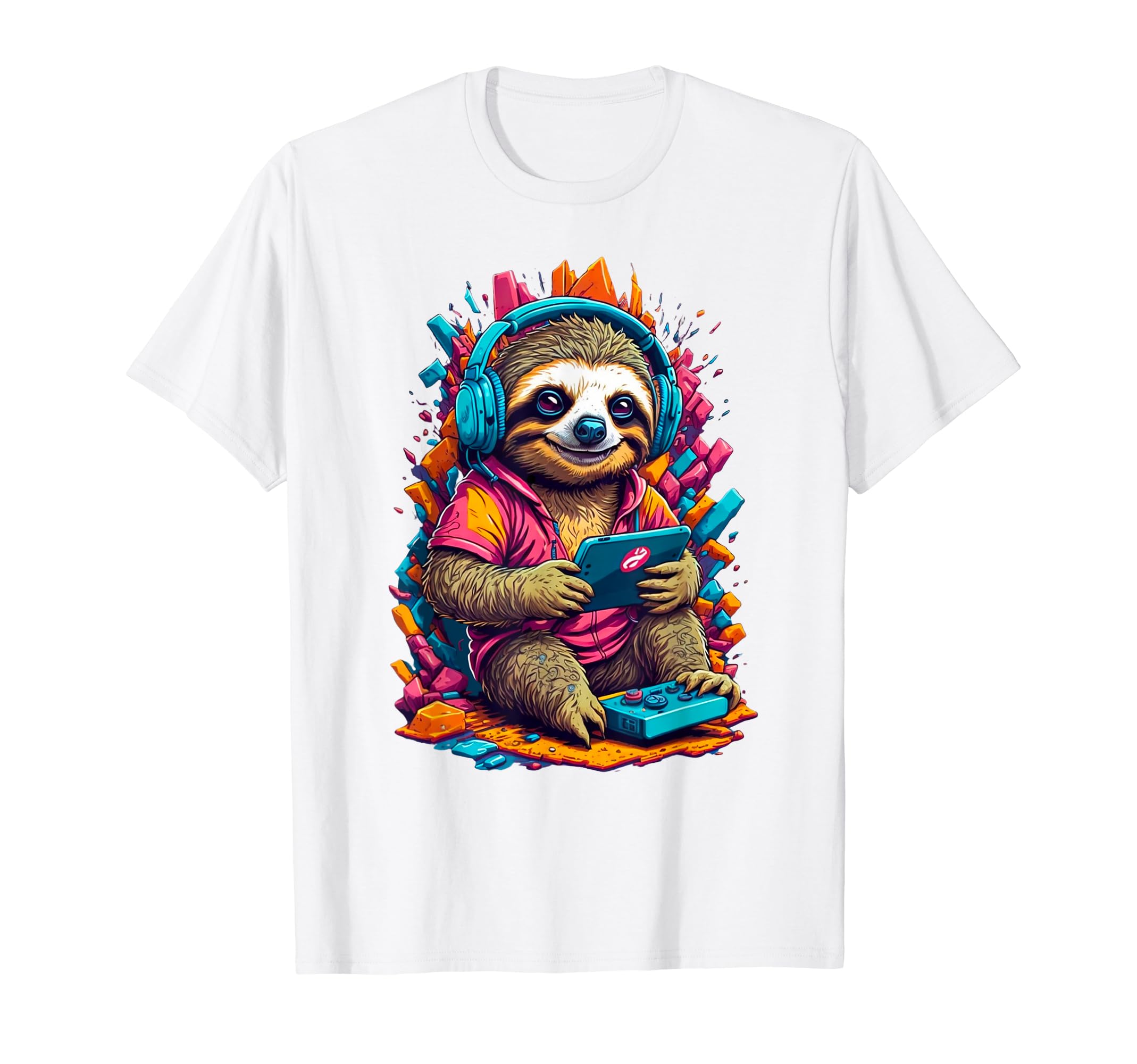 Slow and Steady Gamer: Sloth Wearing Headphones Controller T-Shirt
