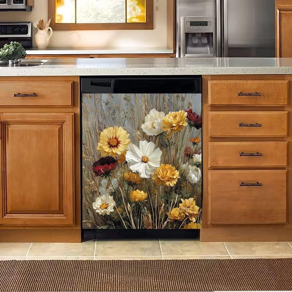 Wildflowers Dishwasher Magnet Cover, Magnetic Dishwasher Front Door Decal, Kitchen Appliance Panels Waterproof Magnets Sticker 23x26 Inch