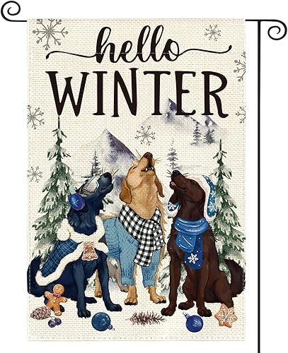AVOIN colorlife Bandera de jardín con texto en inglés Hello Winter Dog de 12 x 18 pulgadas, doble cara exterior, diseño de copo de nieve para