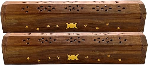 Vista 27 de Paquete de 2 quemadores de incienso de madera tipo ataúd - Incrustaciones de latón de 12 pulgadas - Compartimento de almacenamiento (Buddha)