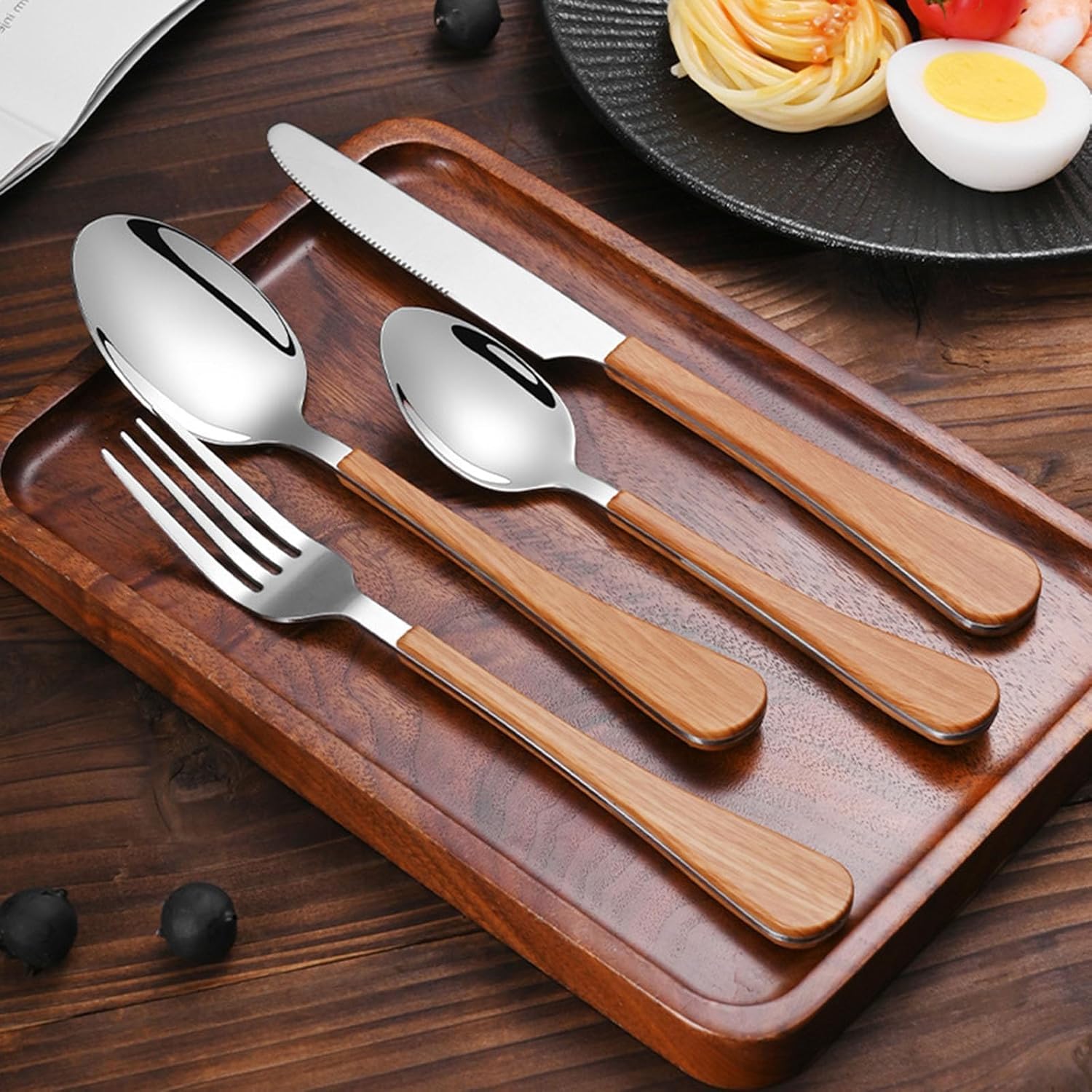 Este Juego de Cubiertos con Mango de Madera de 10 Piezas de Acero Inoxidable Incluye Cuchillos de Mesa, Tenedores, cucharas y cucharillas de té para el hogar, la Cocina y restaurantes, Color