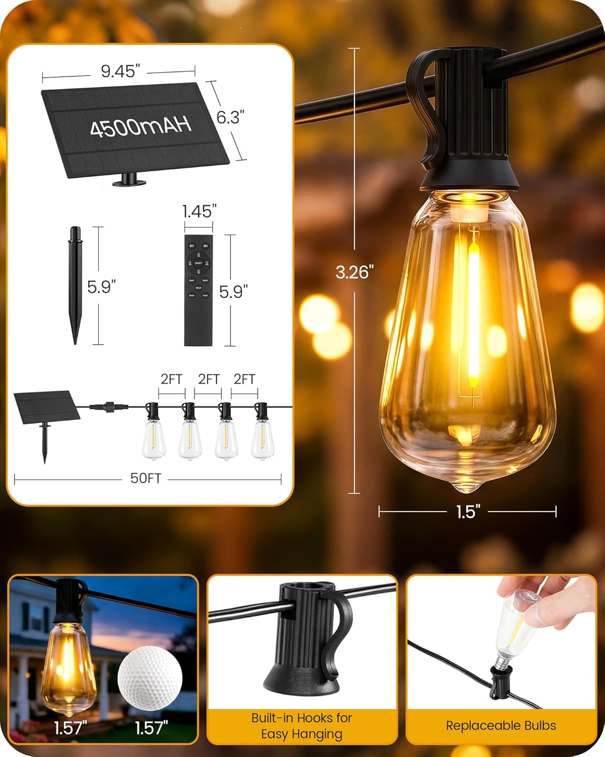 50FT Solar String Lights Outdoor, Waterproof LED Patio Lights with Remote Control, 25 Shatterproof Bulbs and 2 Spares, 3 Light Modes, for Patio, Yard, Garden, Party Decor, Black W02SS05