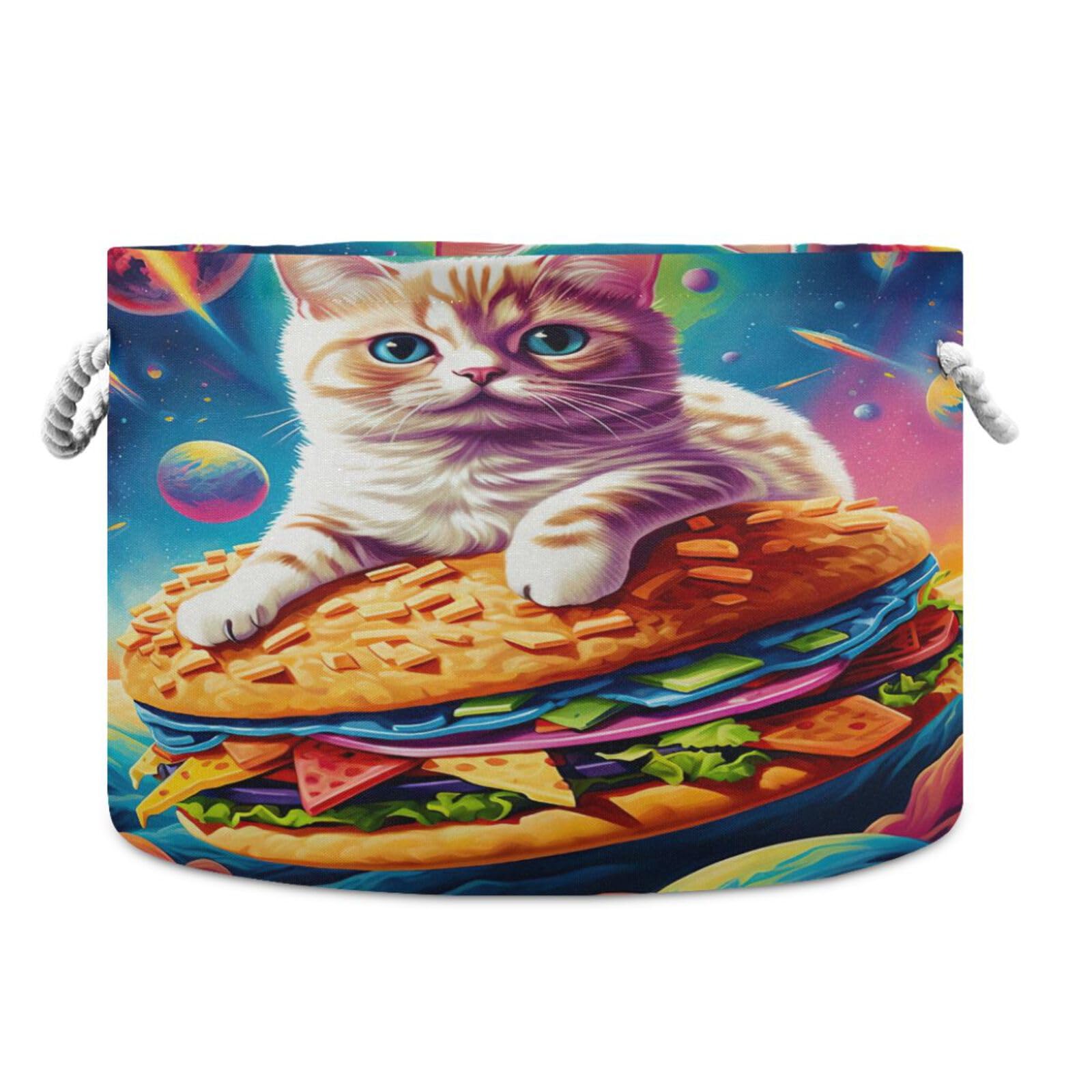 Round Space White Cat Taco Storage Basket Large Organizer Bin Laundry Hamper Toy Storage Basket with Handle for Nursery Clothes Toys 202b4753