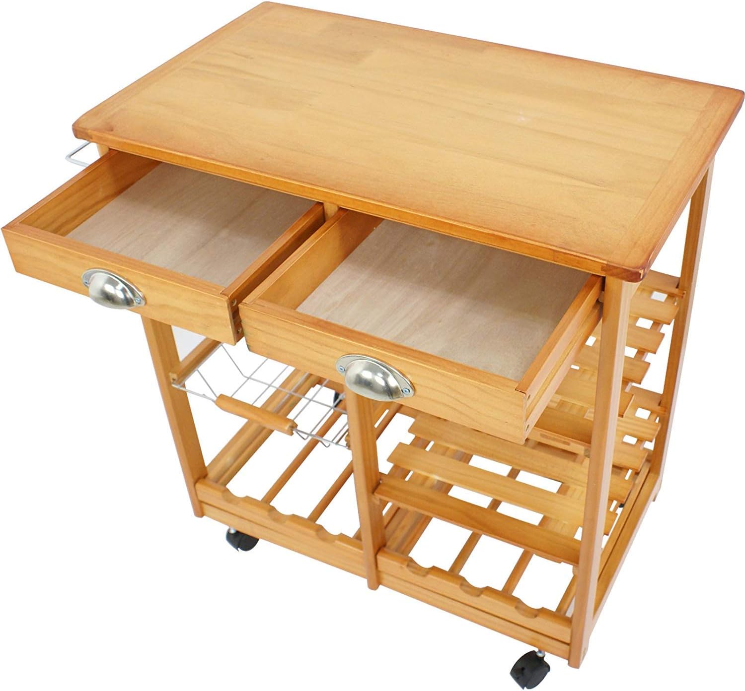 4-Shelf Kitchen Cart Rolling Dining Trolley Island on Wheels Wood Storage Utility Rack w/ 2 Drawers, Basket Stand, Shelves and Organizer
