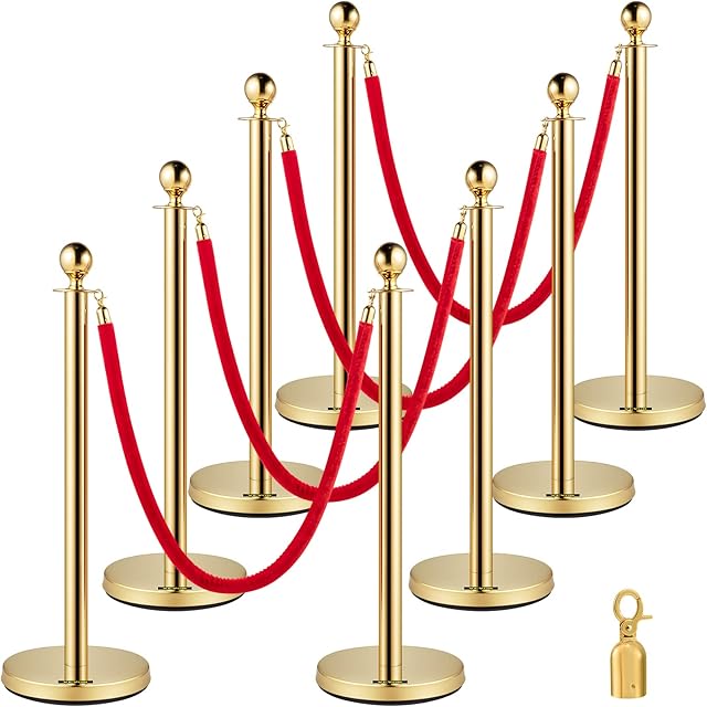 VEVOR Crowd Control Stanchion, Set of 8 Pieces Stanchion Set, Stanchion Set with 5 ft/1.5 m Red Velvet Rope, Gold Crowd Control Barrier w/Sturdy Concrete and Metal Base  Easy Connect Assembly