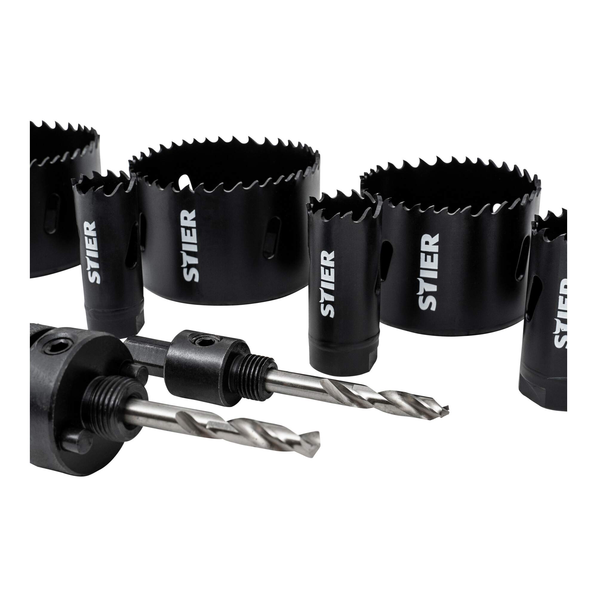 STIER Lochsägen-Set, HSS-Co8 Bimetall, 14-teilig 20, 22, 25, 32, 35, 40, 44, 51, 60, 68 & 76 mm, für Handbohrmaschinen, Lochkreissäge Bohrkronen für Kunststoffe, Metall, Laminat u.v.m.