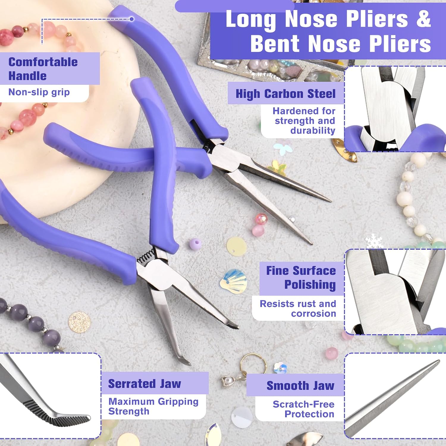 2PCS Needle Nose Pliers Set, Smooth Jaw & Serrated Bent image 2