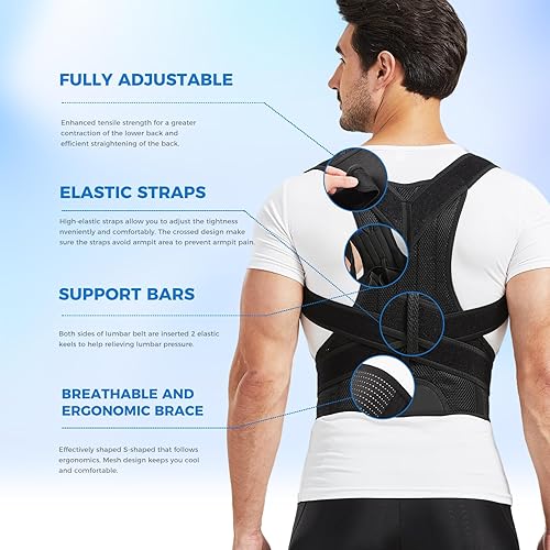 Miniatura 4 de YOII Soporte de espalda para hombres y mujeres, corrector de postura totalmente ajustable para alivio del dolor lumbar, cuello, hombro, enderezador