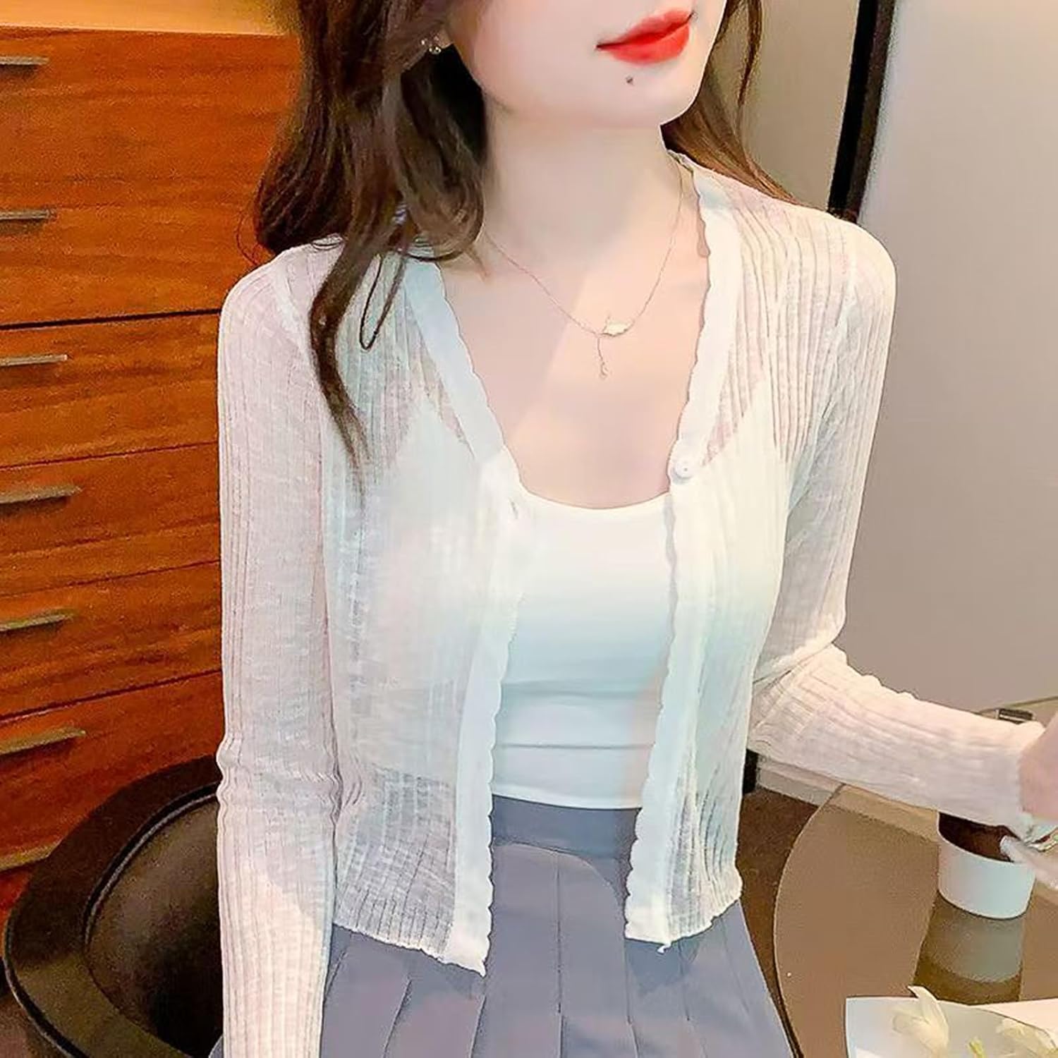 Summer Women Cardigan Long Sleeve Lightweight Cover Up V Neck Loose Knit Beach Office Casual Sun Protection Thin Shrug