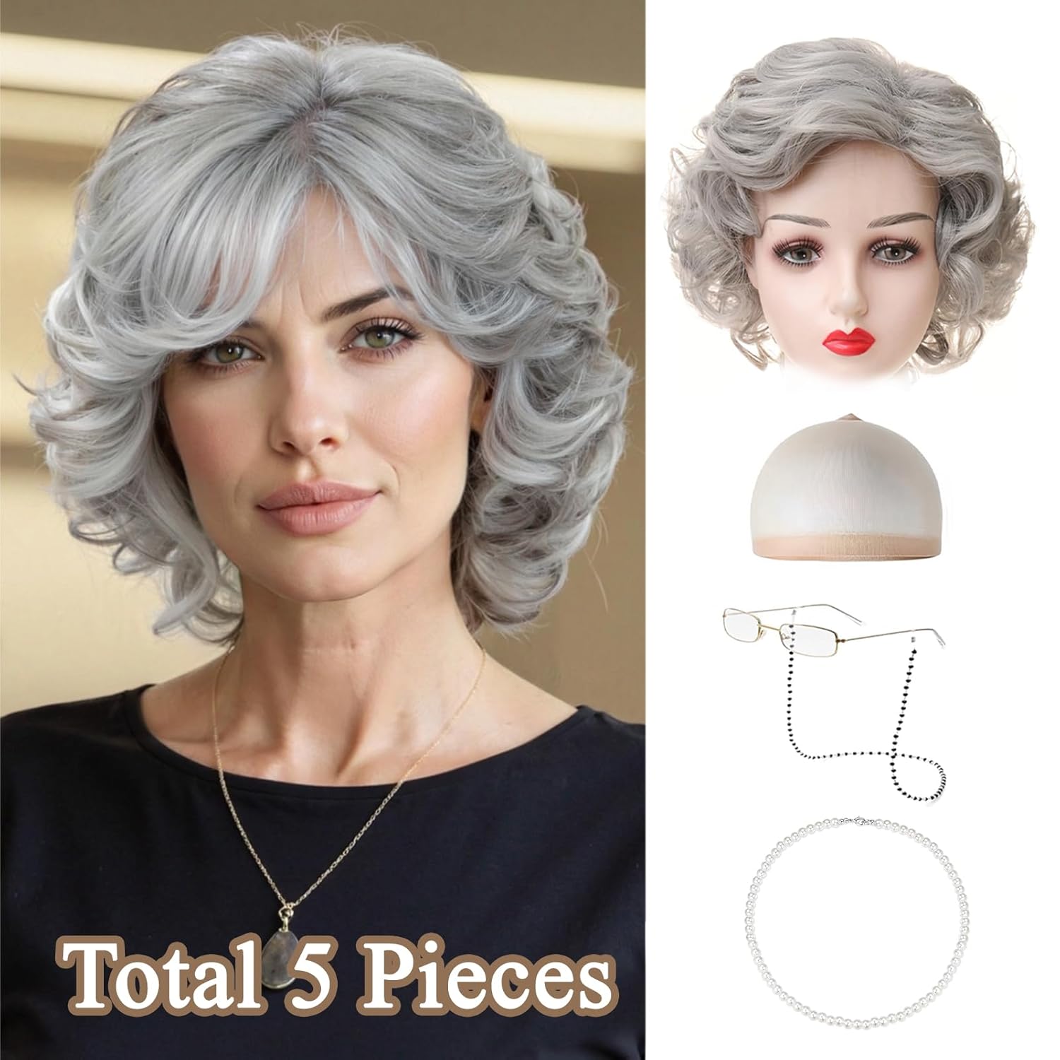 5 Pcs Old Lady Wig and Accessories, Dark Gray Wigs for Women, Beautiful and Natural Curly Granny Wig for Cosplay, Halloween Parties, Stage Performances - Image 2