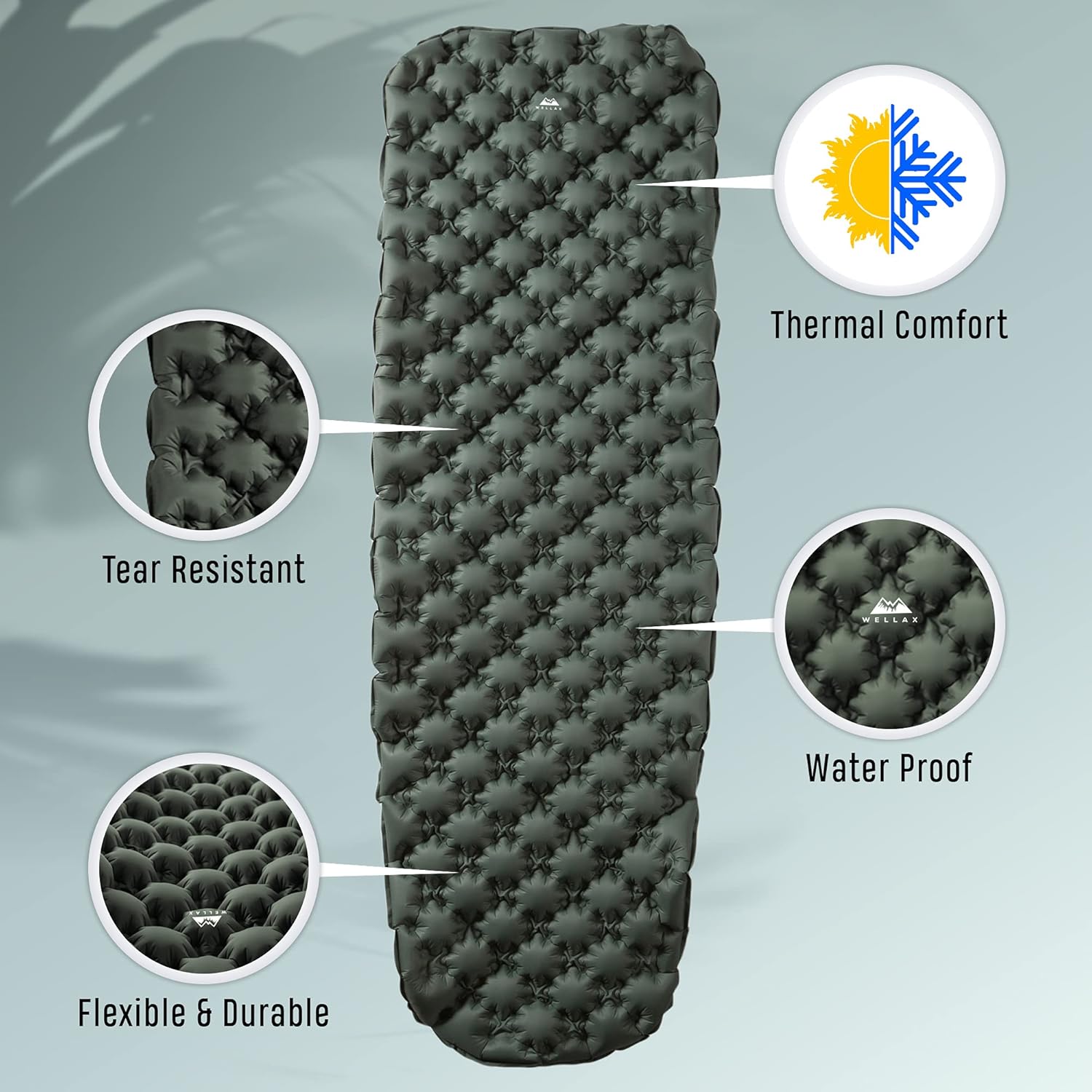 WellaX Ultralight Air Sleeping Pad - Inflatable Camping Mat for Backpacking, Traveling and Hiking Air Cell Design for Better Stability & Support -Plus Repair Kit - Green : Sports & Outdoors
