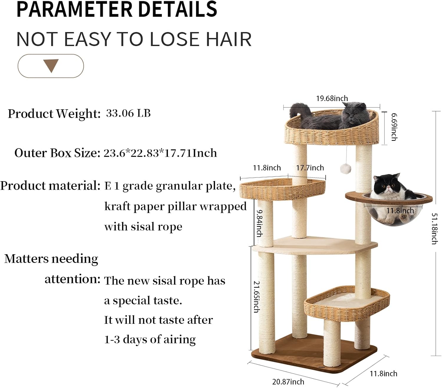 Modern Cat Tree Tower, Hand-Woven Condo for Large Cats with Sisal Scratching Post, Cute Cats Furniture Activity Center