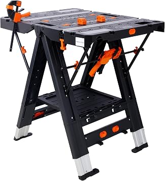 Portable Folding Workbench, Adjustable Work Table 28.4"-31.8", Garage Clamping Workbench with 6 & 18 F Clamps, 2-in-1 Sawhorse Heavy Duty DIY Work Table for Woodworking Jobsite