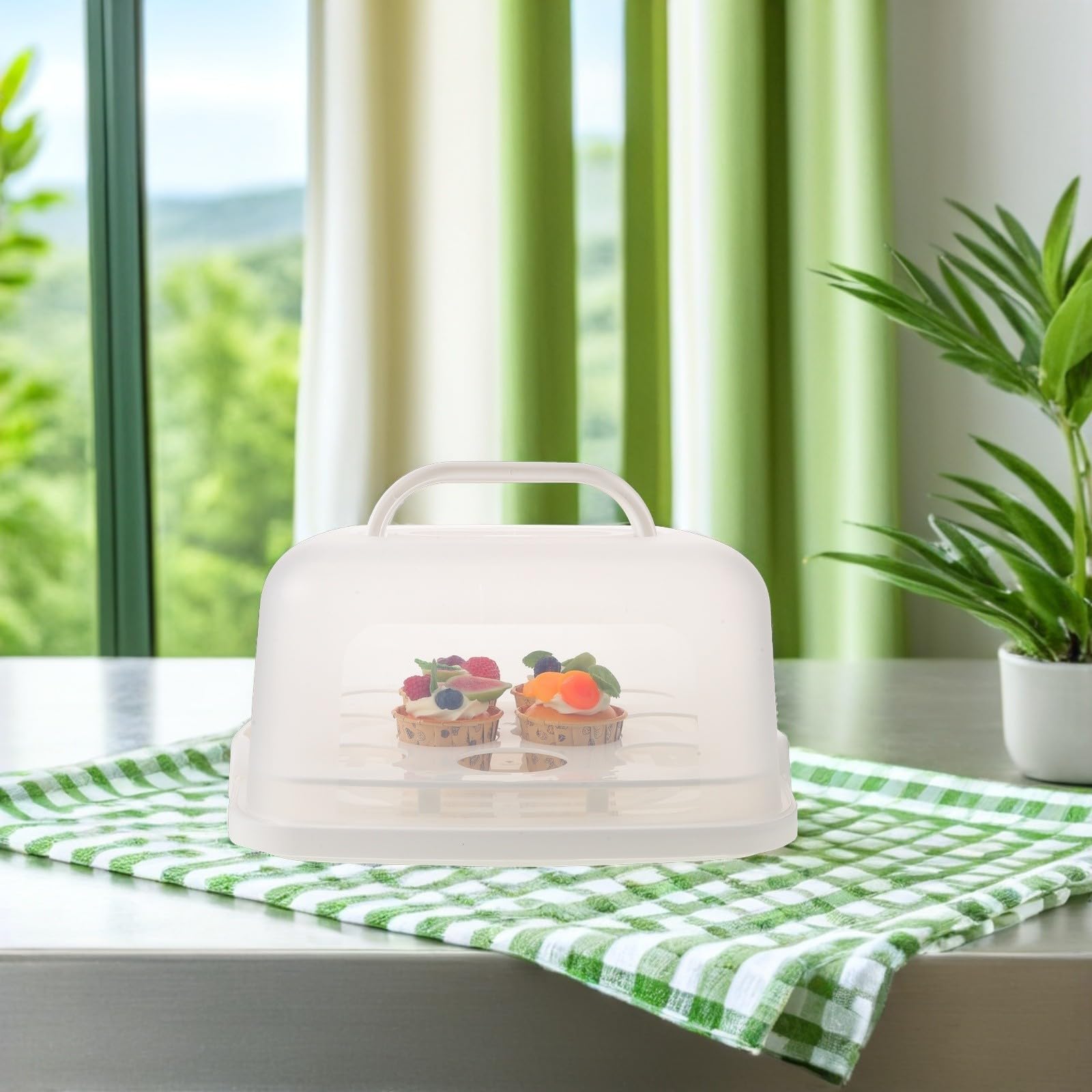 Portatorta con Manico 10 Pollici Bianco in Plastica | Inserto 10 Cupcake Incluso, Coperchio Ermetico, Visibilità Trasparente, per Dessert e Compleanni