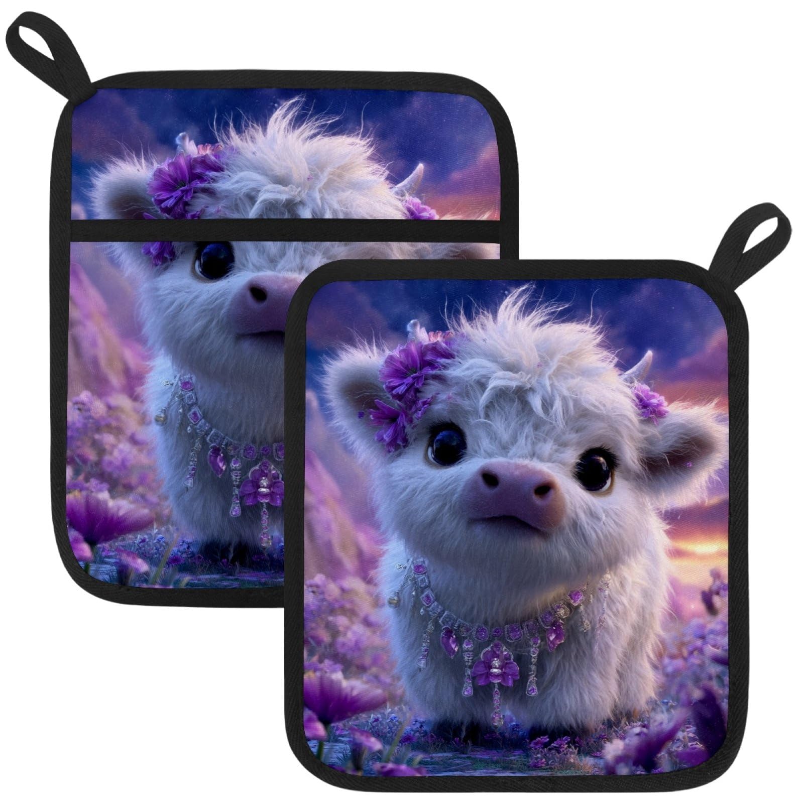 VAPOKF Cute Cows Heat Resistant Pot Holders, Thick Pot Holders Pad with Hanging Loop for Kitchen, Oven Cloth Pads for Kitchen Baking Microwave Oven