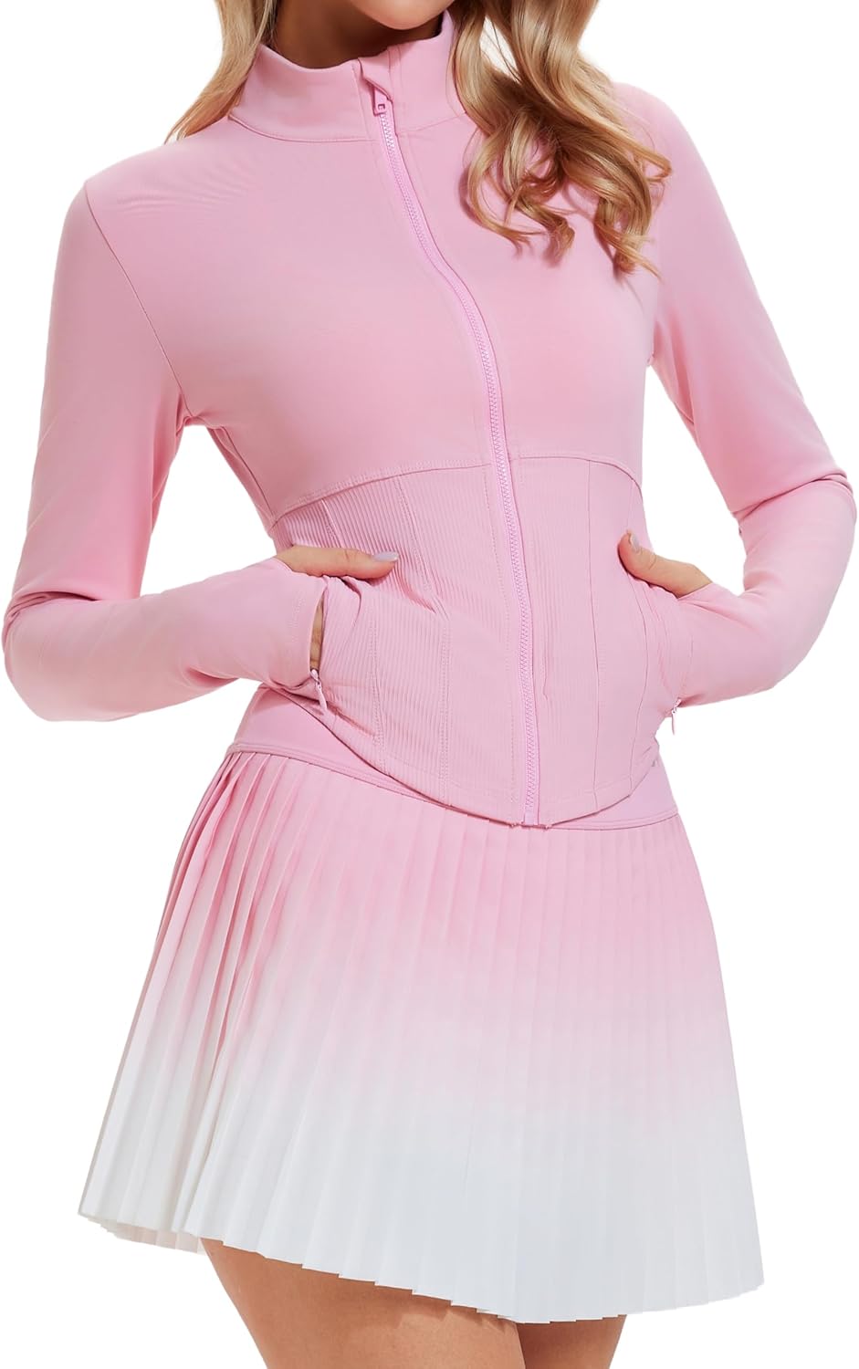 AFZ Two Piece Tennis Skirts Set for Women Long Sleeve Zip Up Workout Jacket with Pleated Mini Skirt Golf Pickleball Outfits