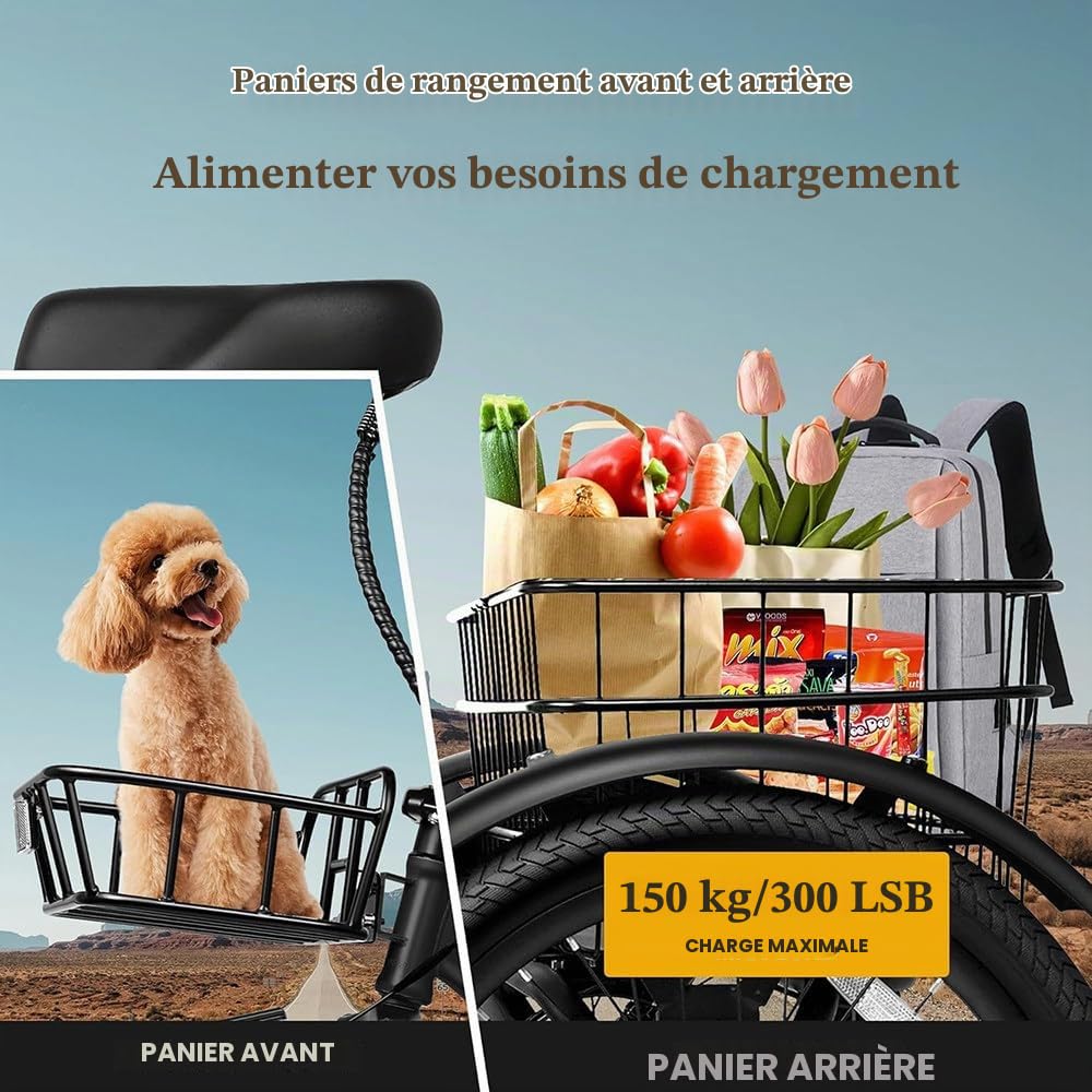 Vélo Pliant À Trois Roues pour Adultes,Batterie 48V 13Ah,Pneus Larges 20X4,7 Vitesses,Phare LED,Tableau De Bord,Grand Panier,Freins À Disque Doubles,Vélo Tout-Terrain pour Seniors