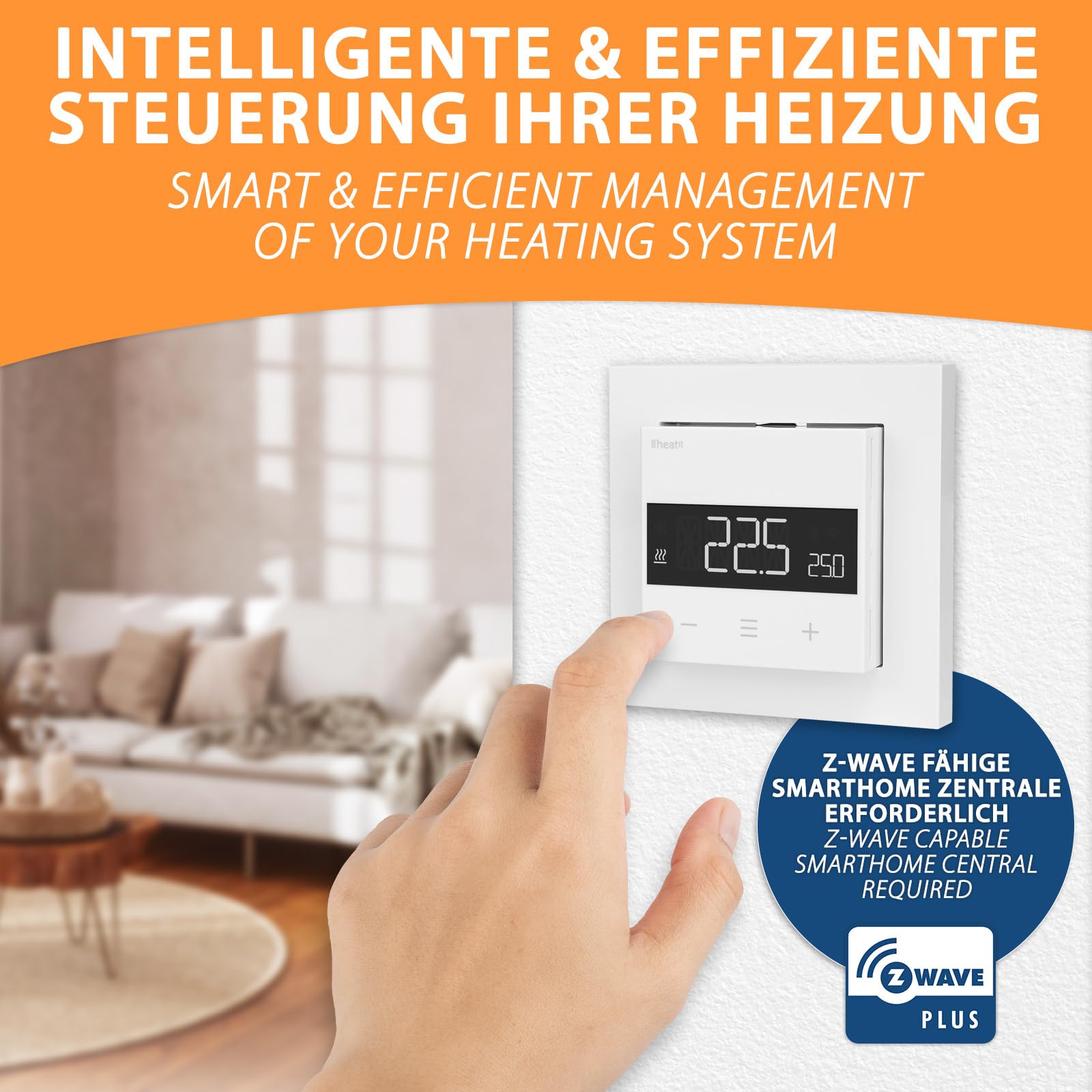 Heatit Z-TRM6 Z-Wave Plus Thermostat Raumregler mit EXT. Sensor für Fußbodenheizung elektrisch und wassergeführt, IR-Heizung, Farbe: weiß RAL 9003