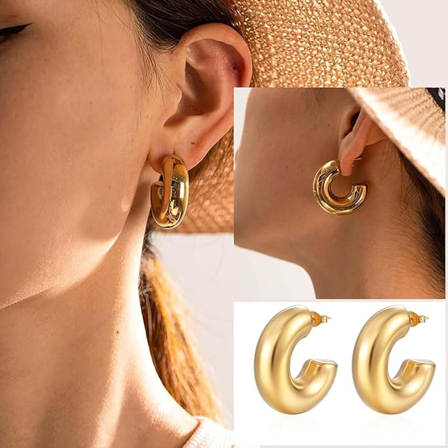 2 Pairs Non Tarnish Chunky Gold Hoops Earrings for Women Water Proof, Thick 18K Real Golds Plated Circle Open Hoop, Lightweight Hollow Earrings for Women Trendy, Gold Jewelry Valentine's Day Gift - Image 3