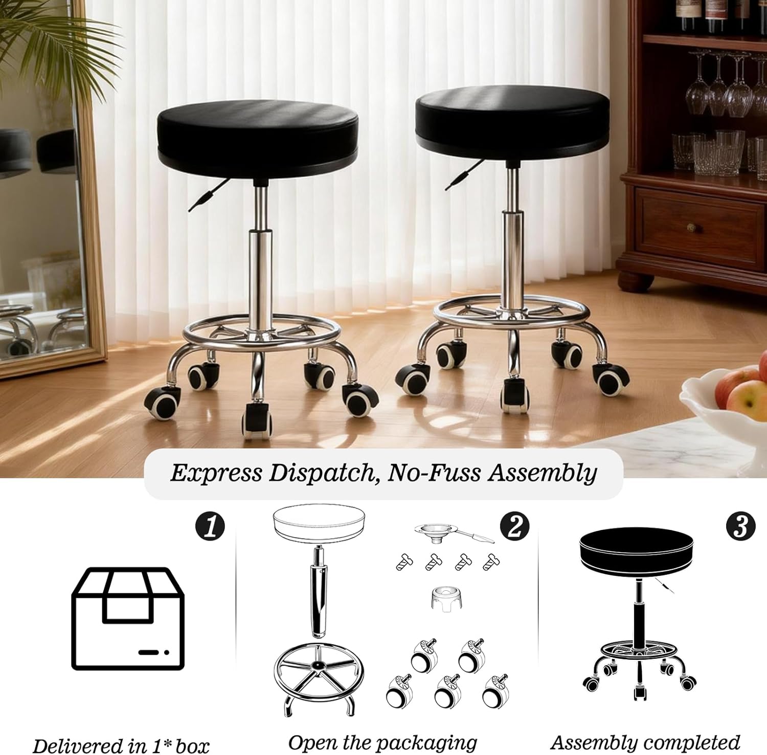 Heavy Duty Round Rolling Stool up to 500lb Capacity, Waterproof PU Leather Seat, Height-Adjustable Swivel Stool with Wheels & Footrest for Office, Salon, Spa, Drafting (Black)