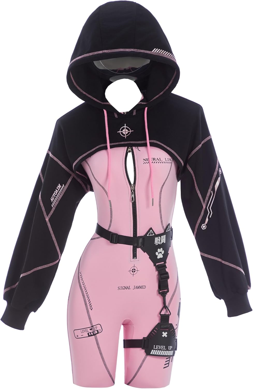 Cosplay.fm Women Cyber Suit Long Sleeve Workout Jumpsuit with Crop Top Hoodies (Not included Belt Harness)