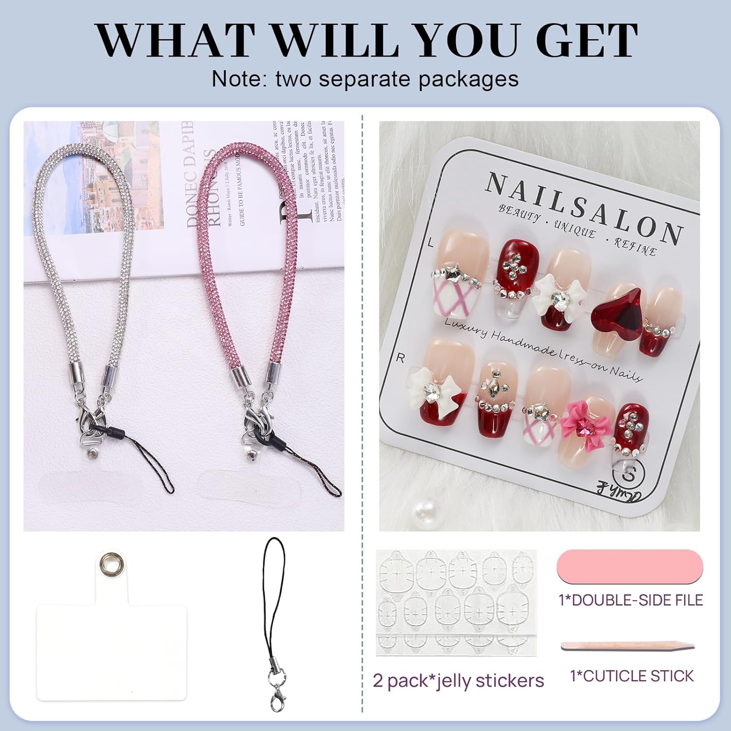 Sparkling Phone Charms And 3D Bow Heart Rhinestone False Nails