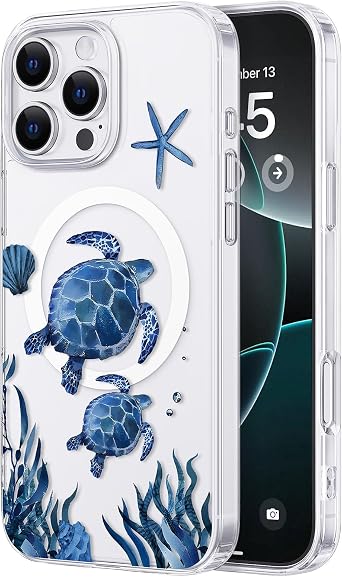 Summer Clear Phone Case for iPhone 16 Pro Compatible with MagSafe, Sea Turtle Beach Blue Ocean Shell Water Grass Design Shock Proof Heavy-Duty Protection for Men Women Girls