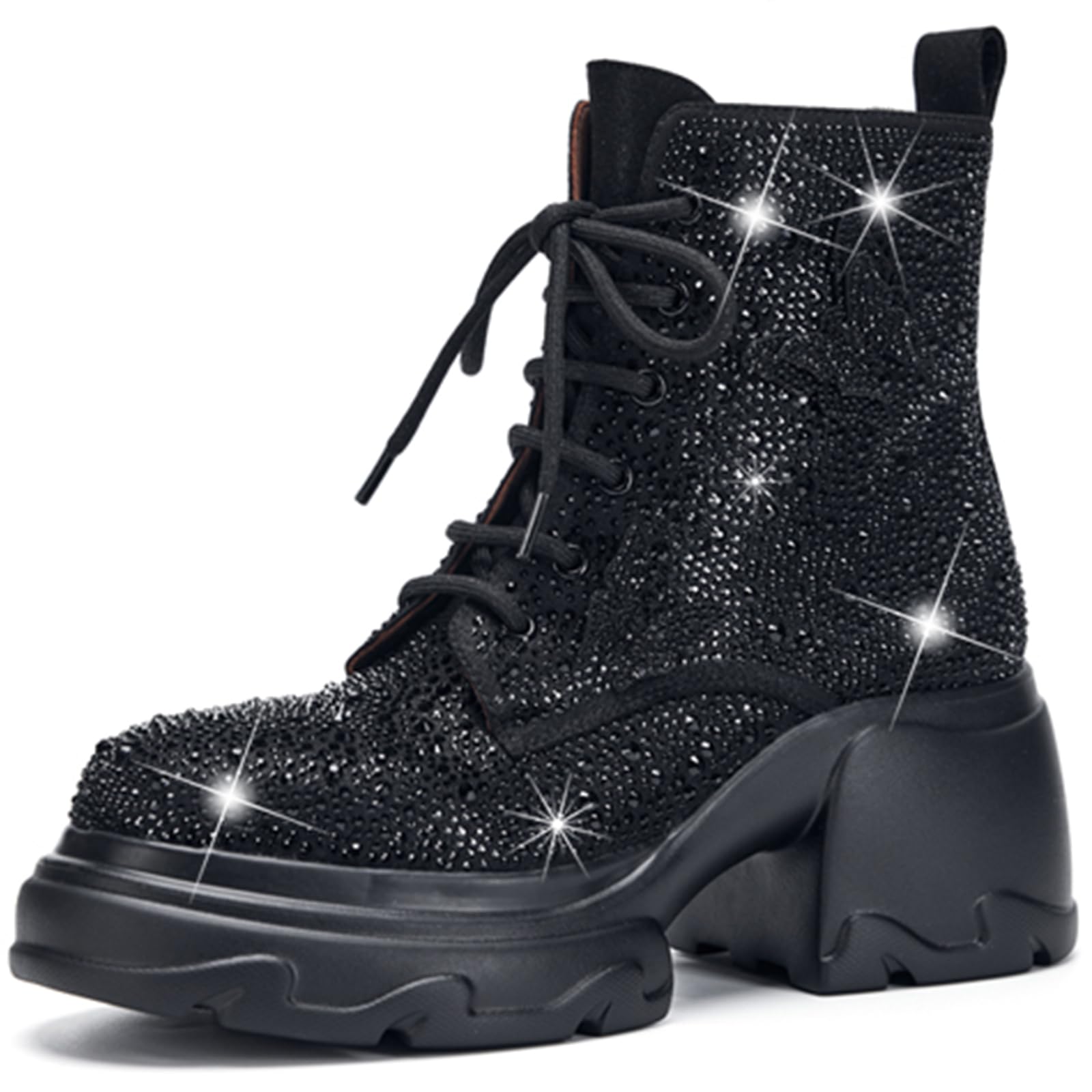 TDD Combat Boots Womens Rhinestone Crystal Glitter Shiny Sparkly Lace Up Platform High Heel Wide Calf Width Ankle