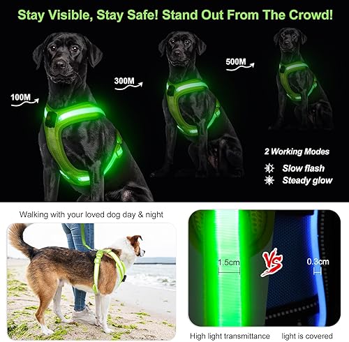 Miniatura 4 de PZRLit Arnés con luz LED para perro, recargable, sin estrangulamiento, con luz brillante, oscuro, chaleco impermeable para perros medianos y