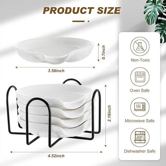 Bokon 4 Pack Ceramic Spoon Rest with Holder, Kitchen Utensil Rest for Stove Top, Dipping Sauce Dishes, Heat Resistant and Dishwasher Safe (White)