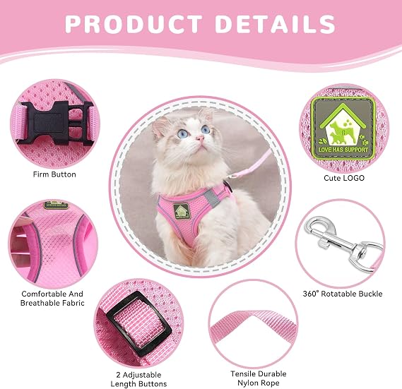 Cat Harness and Lead Set,Adjustable Reflective Stripe Cat Kitten Walking Vest with Leash Cats Collar,Escape Proof Soft Mesh Vest Harness and Lead for Small Medium Cats Pets Walking