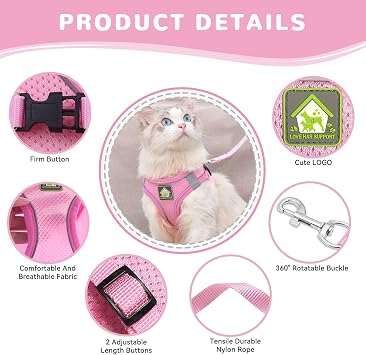 Cat Harness and Lead Set,Adjustable Reflective Stripe Cat Kitten Walking Vest with Leash Cats Collar,Escape Proof Soft Mesh Vest Harness and Lead for Small Medium Cats Pets Walking
