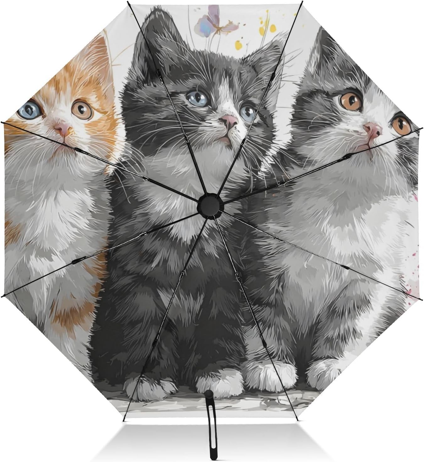 UV Protection Umbrella Cats Butterfly Cute Compact for Rain and Sun - Automatic Open and Close UPF 50+ Windproof Portable 46” Sun Umbrella for Women Men