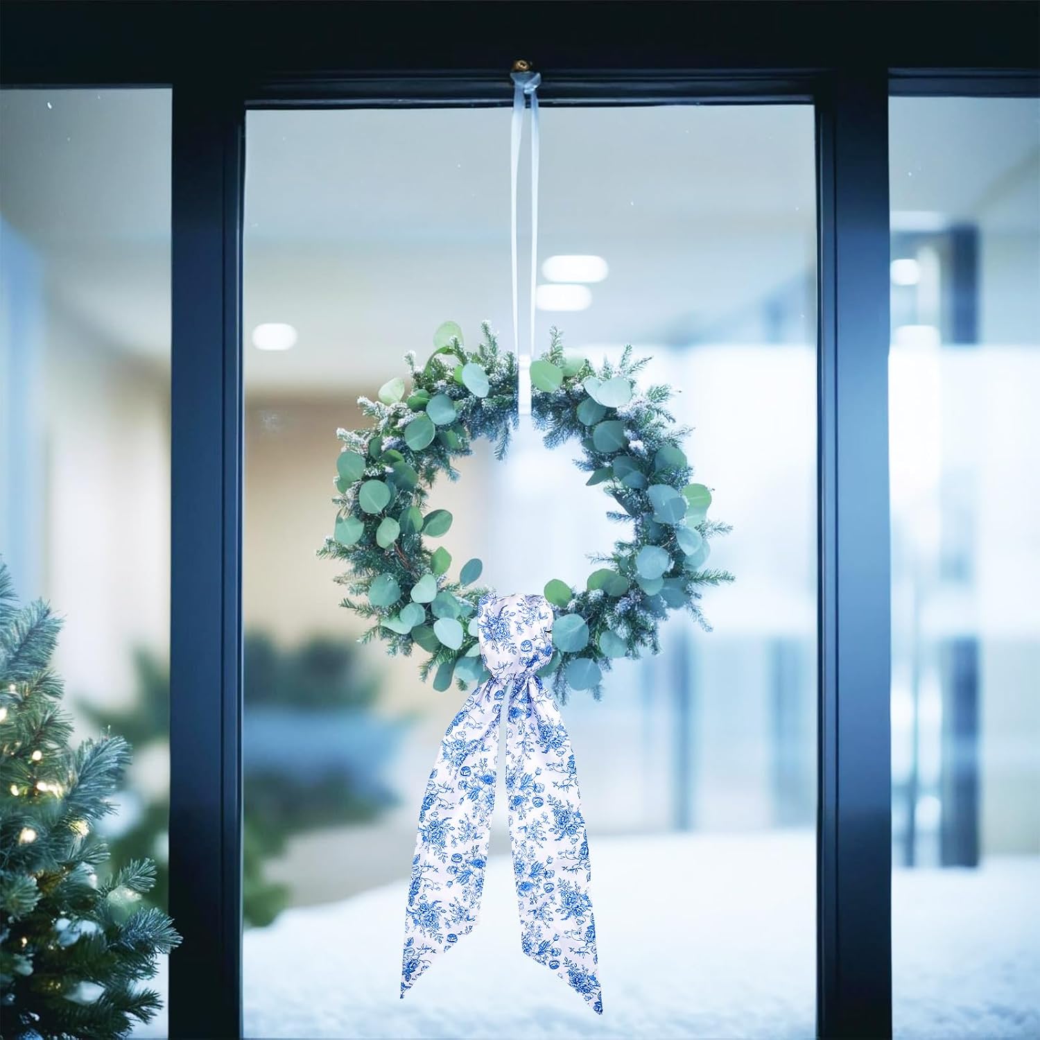 Whaline 2 Pcs Blue Flower Wreath Sash for Front Door Chinoiserie Floral Garland Ribbon for Holiday Party Home Decor Indoor Outdoor