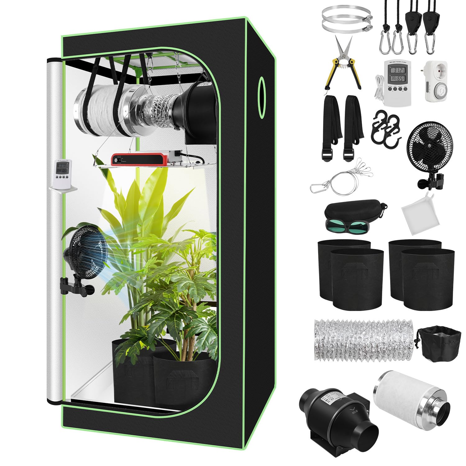 Juego completo de carpa de cultivo, 80 x 80 x 160 cm, con lámpara LED plana de 200 W, sistema de ventilación con filtro de carbón activo, tienda para plantas de interior