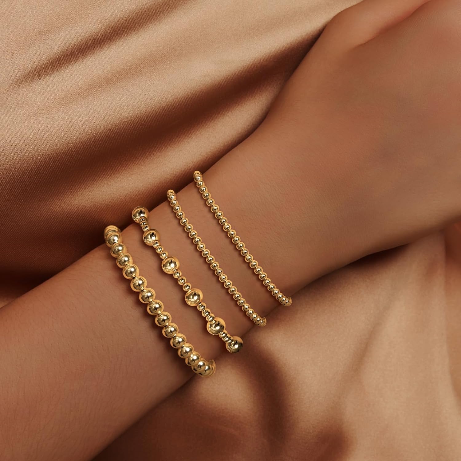 IMBOS Gold Bracelets for Women 14K Gold Plated Cross Bracelet Strand Bead Ball Bracelets stack Set Chunky Chain Bracelet Trendy Adjustable Jewelry Sets for Womens Gifts - Image 4